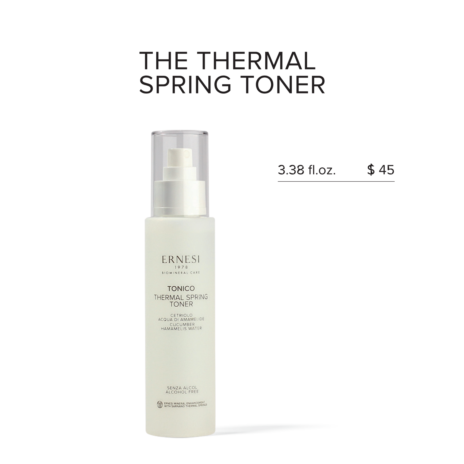 Experience the soothing power of Hamamelis water and cucumber in our refreshing Thermal Spring Toner.